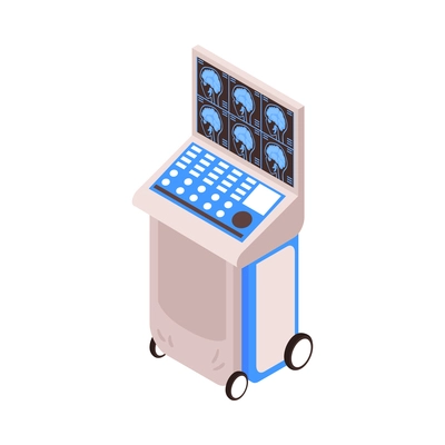 Isometric neurological neurology composition with isolated image of medical apparatus with wheels on blank background vector illustration