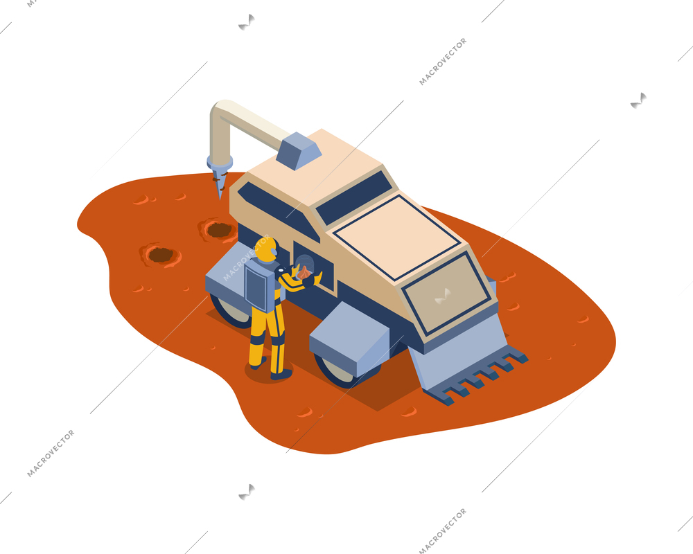 Isometric mars colonization composition with planetary surface and character of astronaut fixing rover vehicle vector illustration