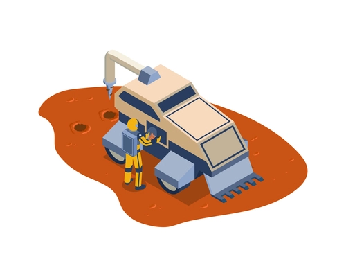 Isometric mars colonization composition with planetary surface and character of astronaut fixing rover vehicle vector illustration