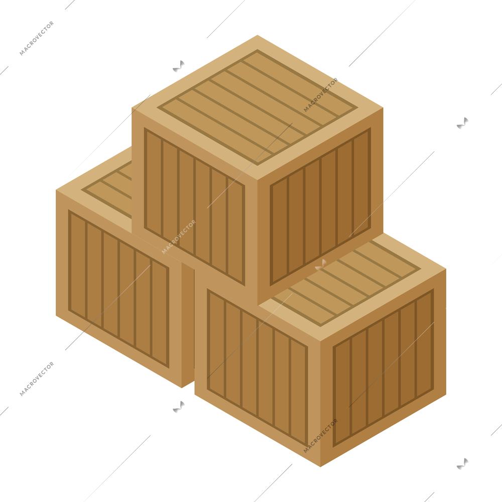 Isometric logistic delivery warehouse composition with isolated image of stack with three wooden parcel boxes vector illustration