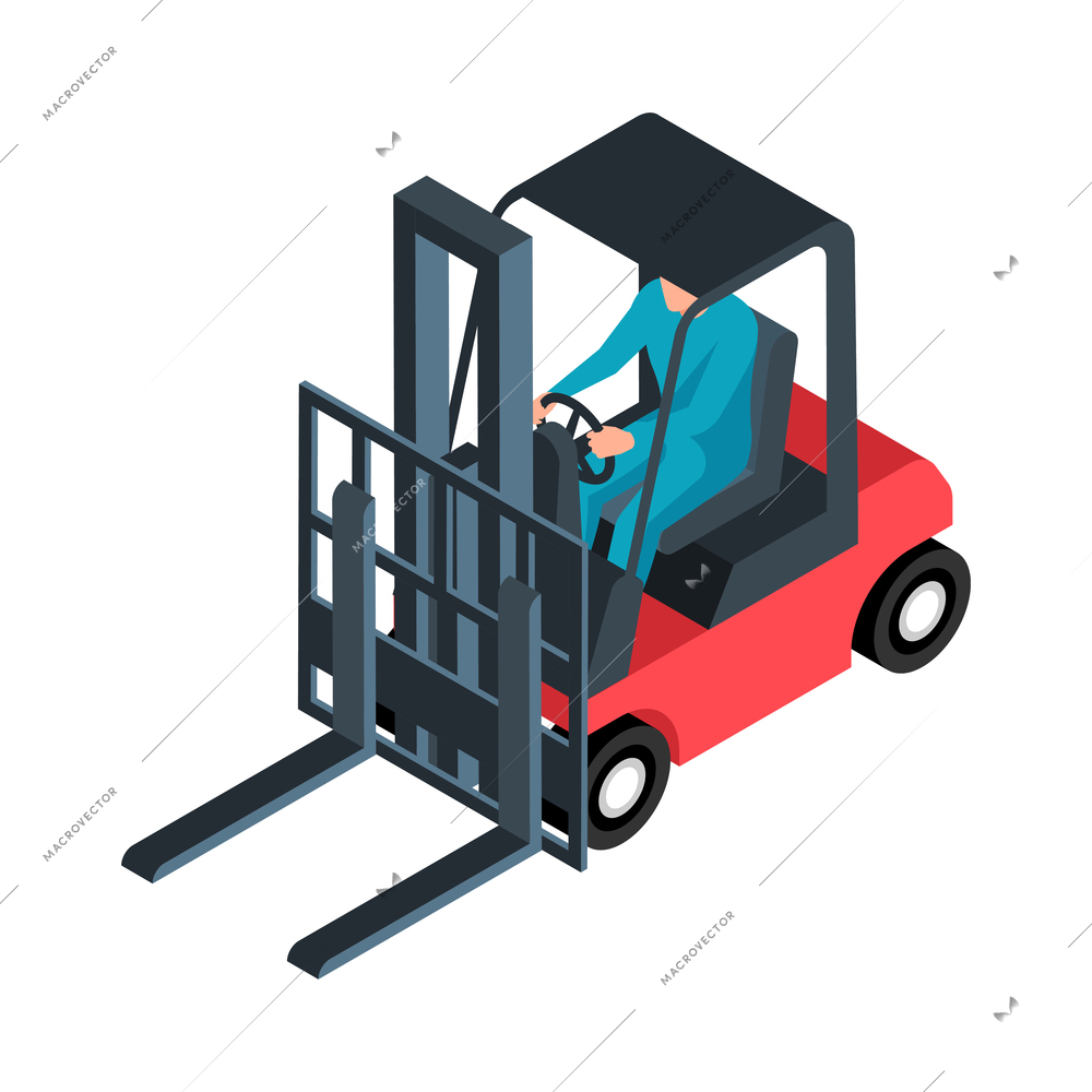 Isometric logistic delivery warehouse composition with isolated image of forklift driven by worker vector illustration
