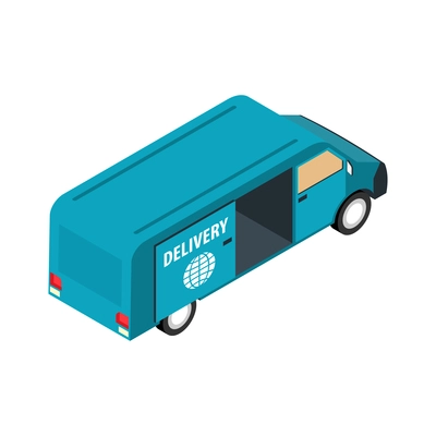 Isometric logistic delivery warehouse composition with isolated image of blue delivery van with open door vector illustration