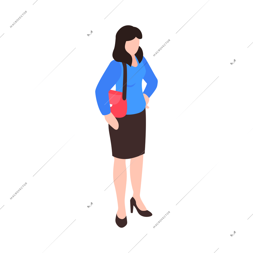 Isometric railway station train composition with isolated human character of female passenger with bag on shoulder vector illustration