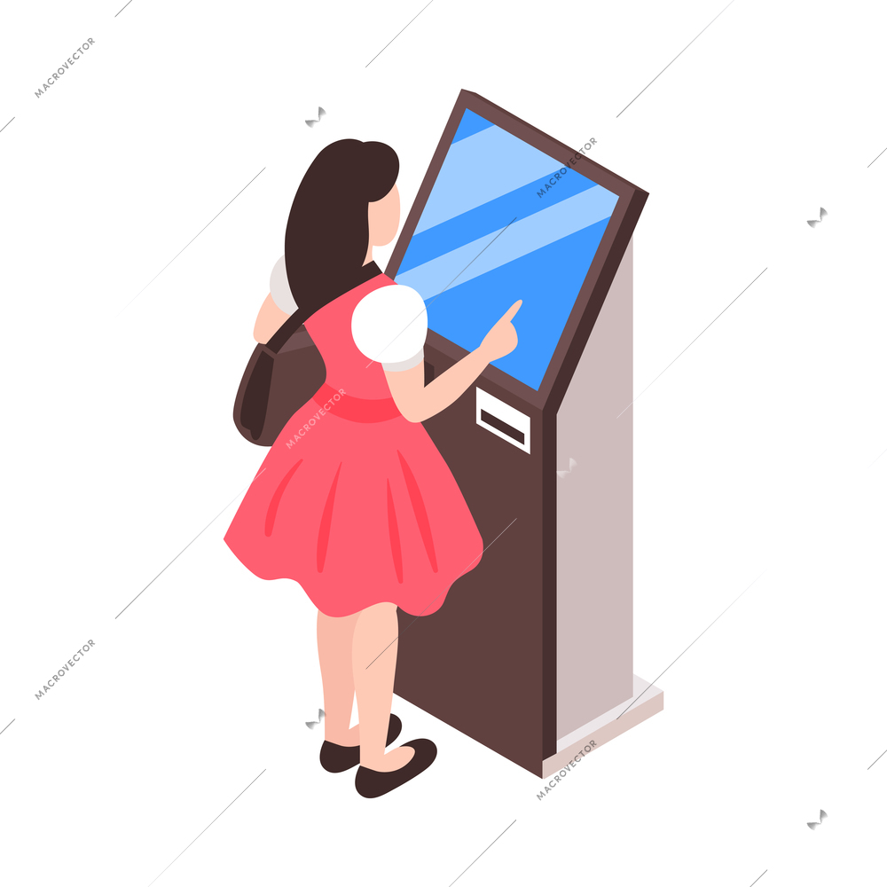 Isometric railway station train composition with view of female passenger buying ticket in terminal with touchscreen vector illustration