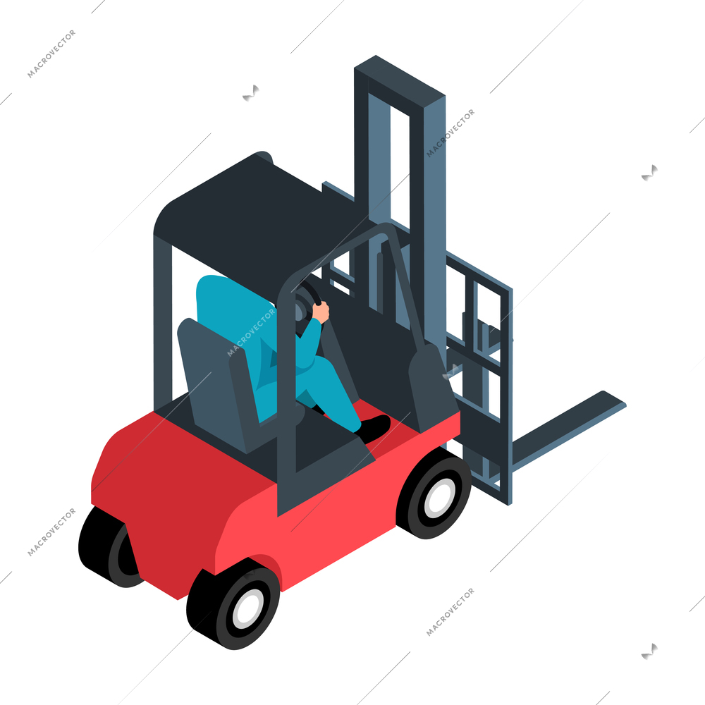 Isometric logistic delivery warehouse composition with isolated image of forklift driven by worker vector illustration