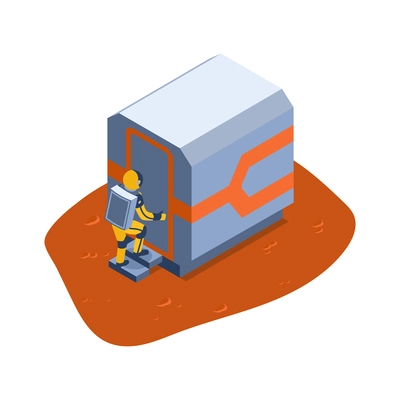 Isometric mars colonization composition with view of astronaut entering building unit on planetary surface vector illustration