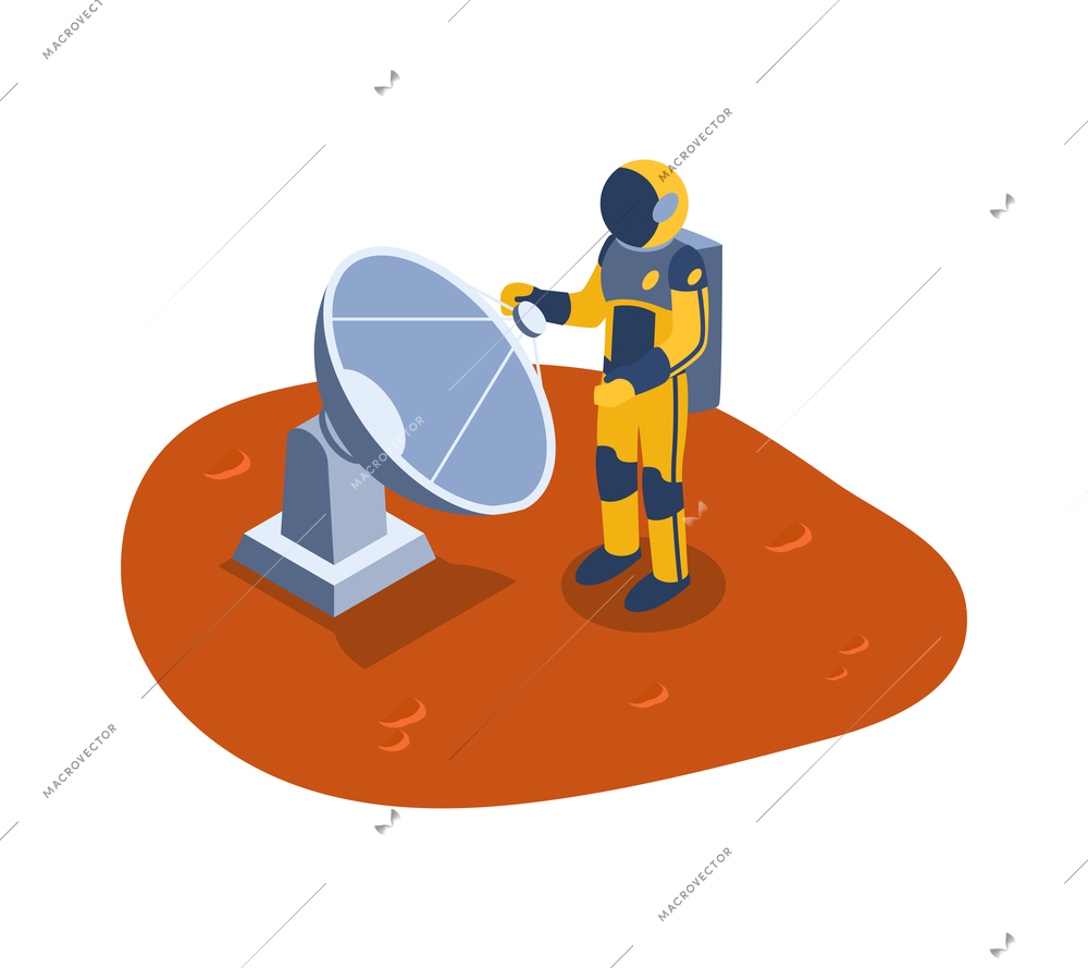 Isometric mars colonization composition with planetary surface and character of astronaut fixing antenna dish vector illustration