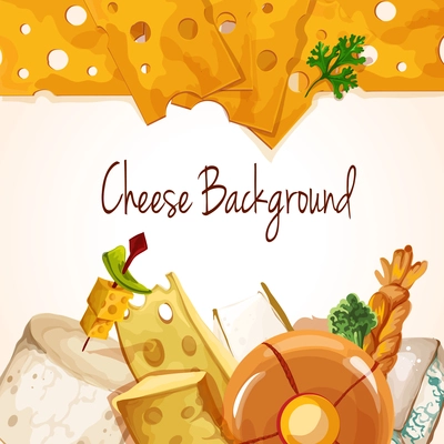 Natural delicious tasty organic cheese food assortment colored background vector illustration