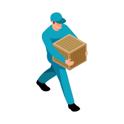 Isometric logistic delivery warehouse composition with isolated human character of walking worker carrying wooden box vector illustration