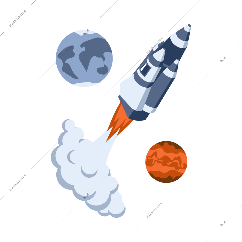 Isometric mars colonization composition with isolated images of flying rocket with fire flame smoke and planets vector illustration