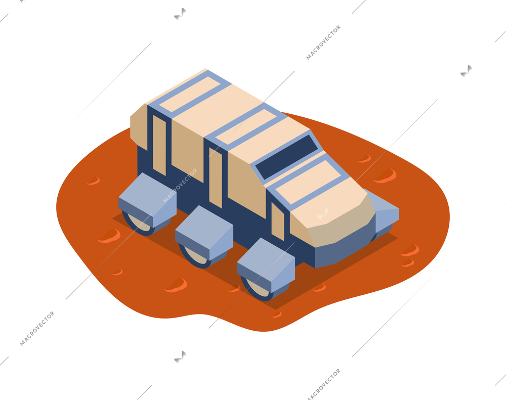 Isometric mars colonization composition with isolated image of wheeled rover on martian terrain vector illustration