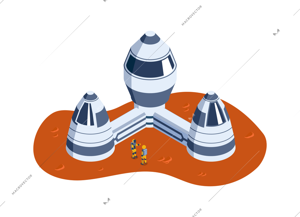 Isometric mars colonization composition with view of extraterrestrial base buildings with astronauts on planetary surface vector illustration