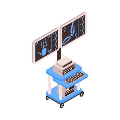 Isometric neurological neurology composition with isolated image of medical apparatus with screens and x-ray vector illustration