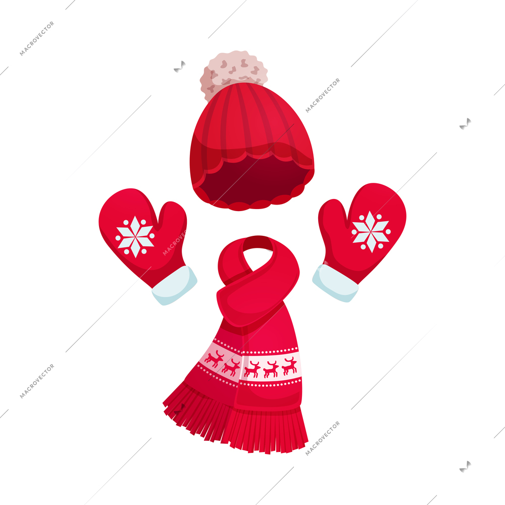 Seasonal winter scarf hats composition with images of colorful cold weather clothing with gloves on blank background vector illustration