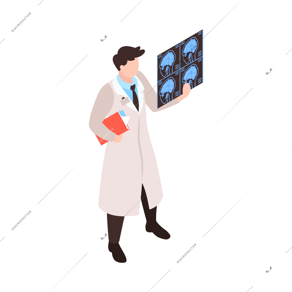 Isometric neurological neurology composition with isolated character of neurologist holding brain radiogram on blank background vector illustration