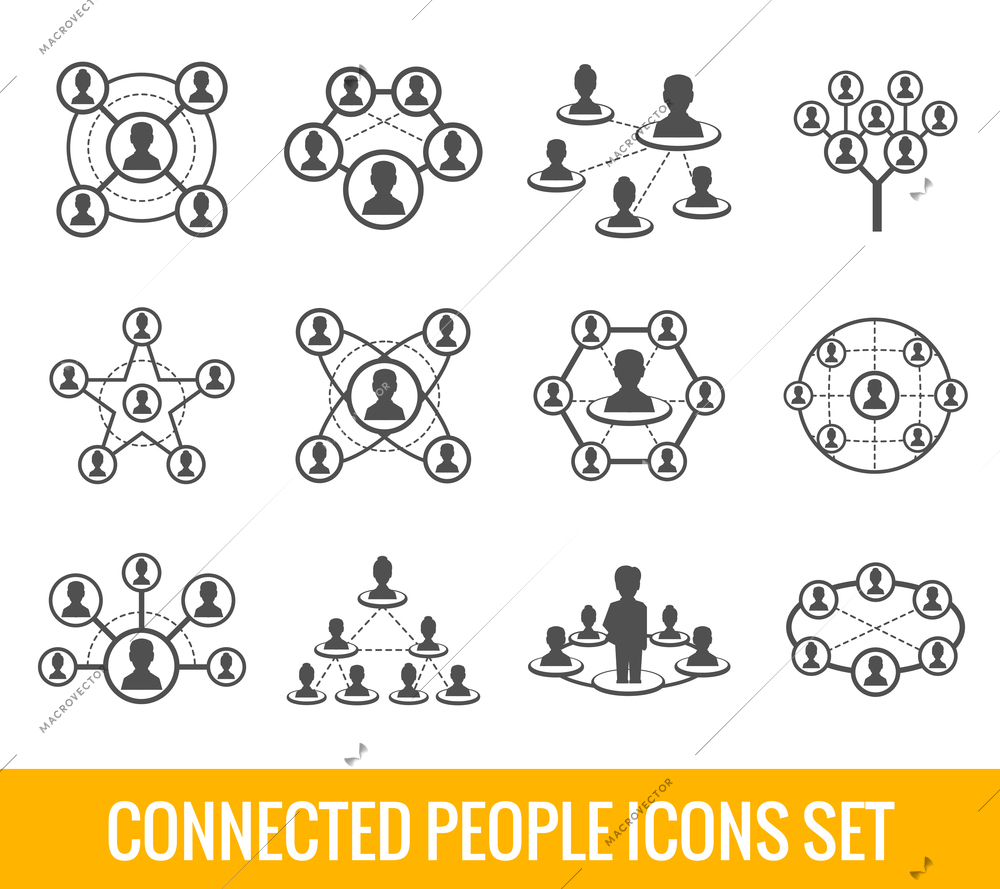 Connected people social network human hierarchy black icons set isolated vector illustration