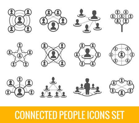 Connected people social network human hierarchy black icons set isolated vector illustration