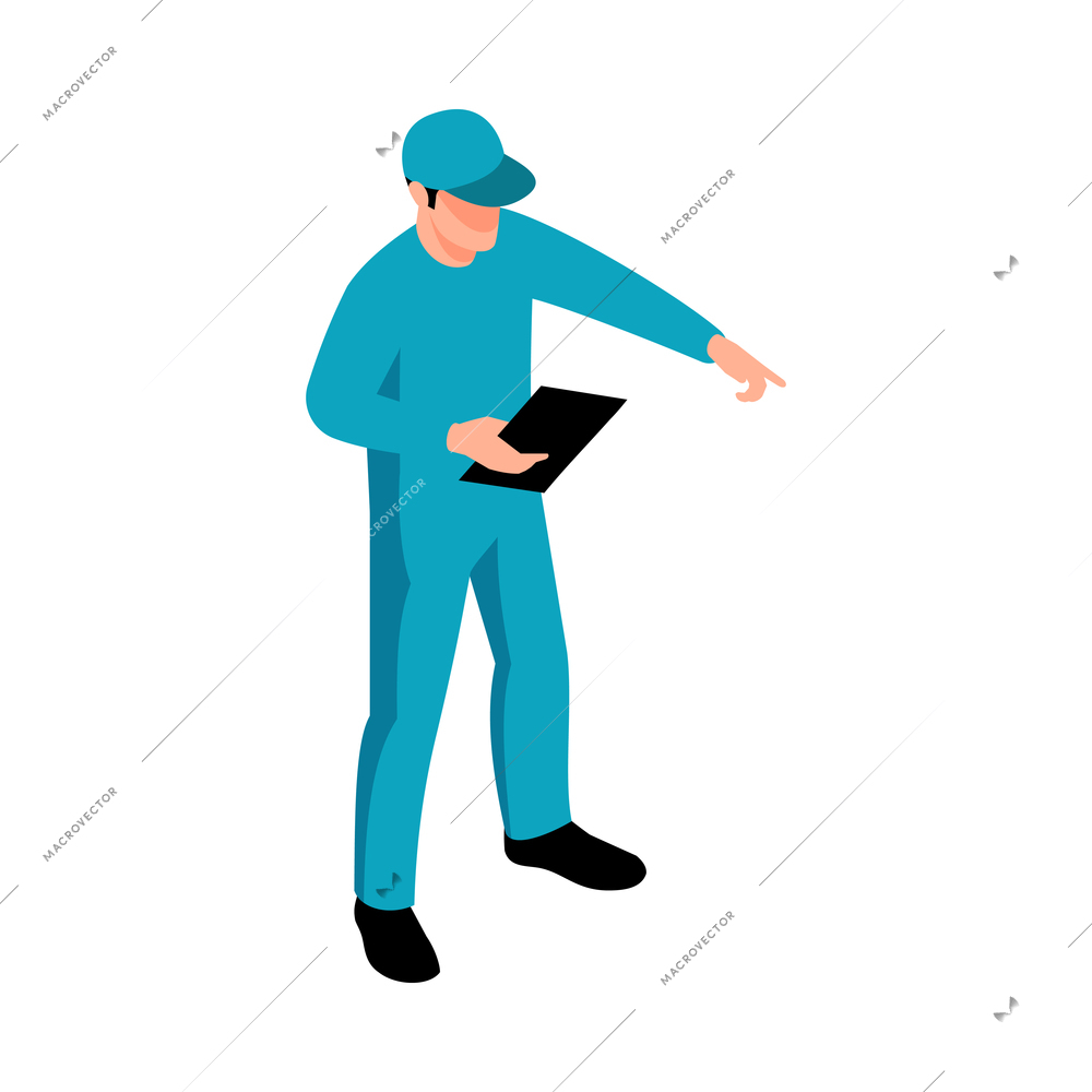 Isometric logistic delivery warehouse composition with isolated human character of warehouse worker in uniform vector illustration