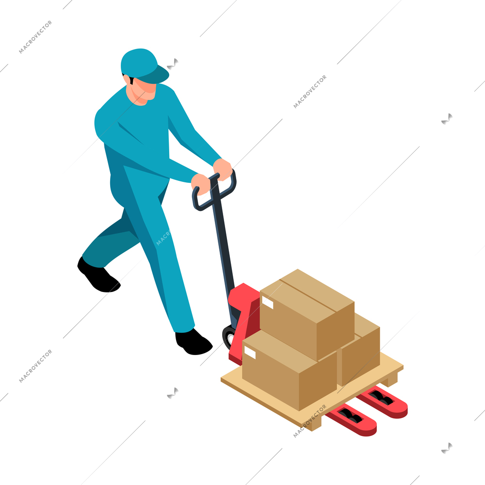 Isometric logistic delivery warehouse composition with isolated human character of worker moving boxes on pallet vector illustration