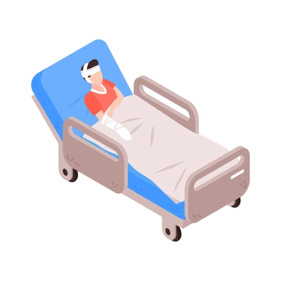 Isometric neurological neurology composition with isolated image of wheeled bed with lying patient having physical injuries vector illustration