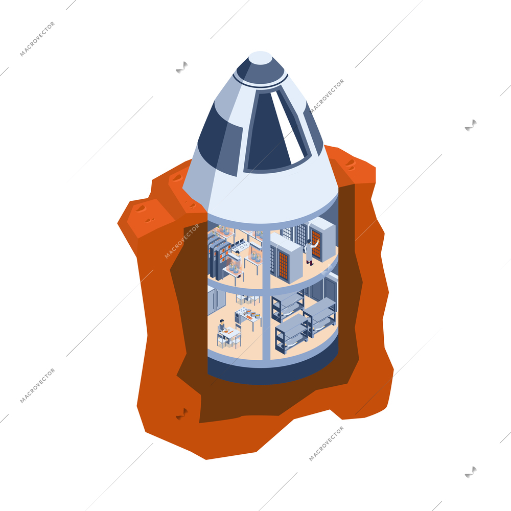 Isometric mars colonization composition with dug in living module of mars base with working people vector illustration