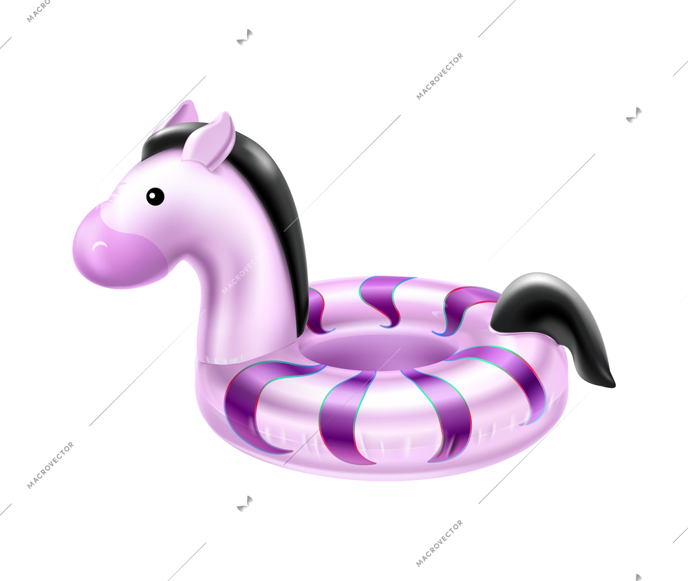 Inflatable swimming accessories realistic composition with violet pony shaped inflatable rubber ring vector illustration