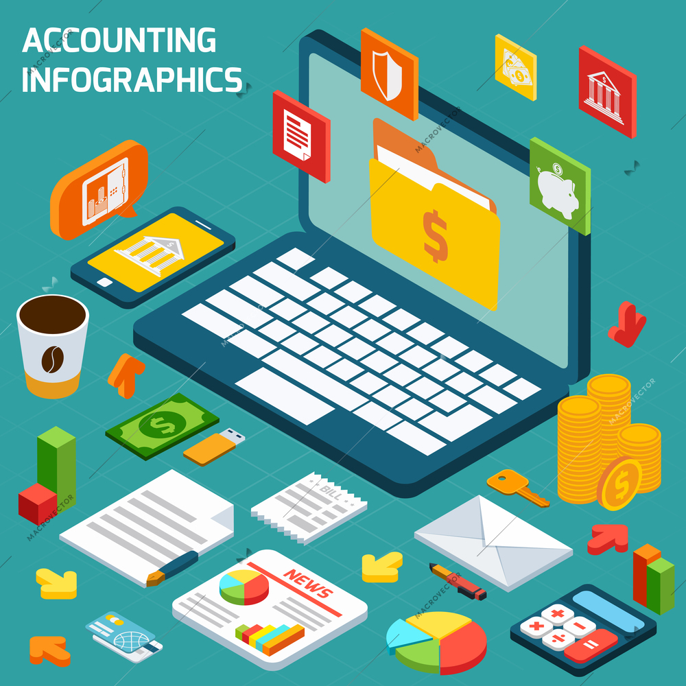 Accounting isometric infographics set with notebook and finance payment and tax elements vector illustration
