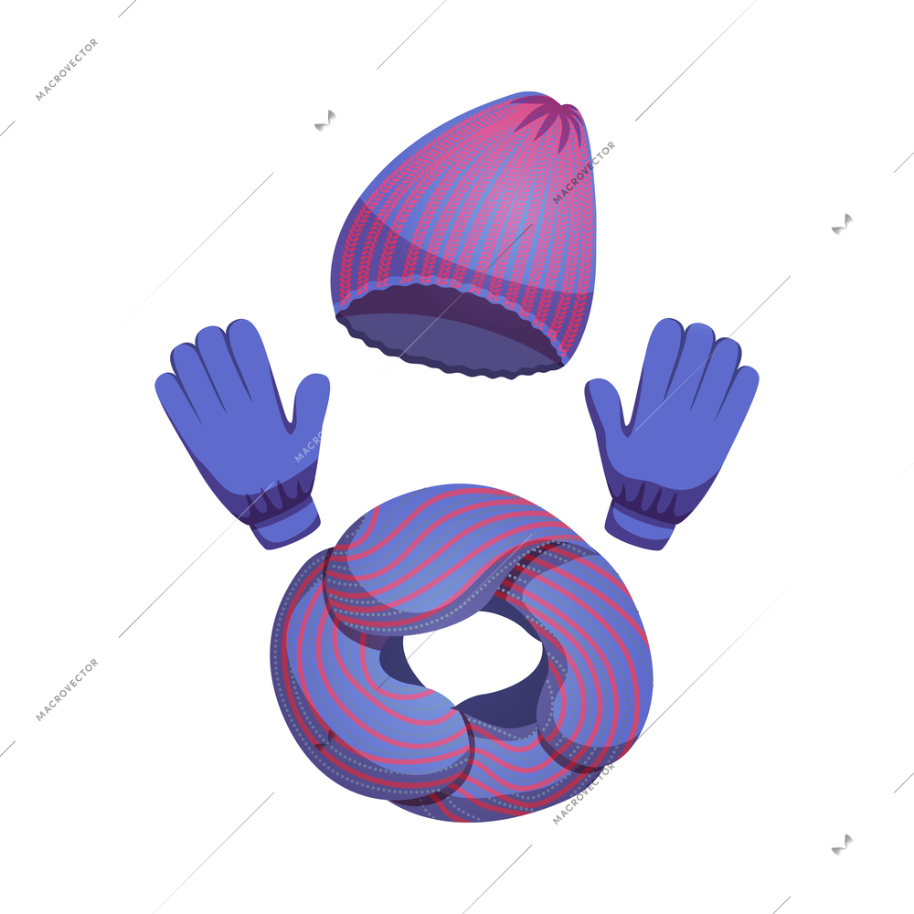 Seasonal winter scarf hats composition with images of colorful cold weather clothing with gloves on blank background vector illustration