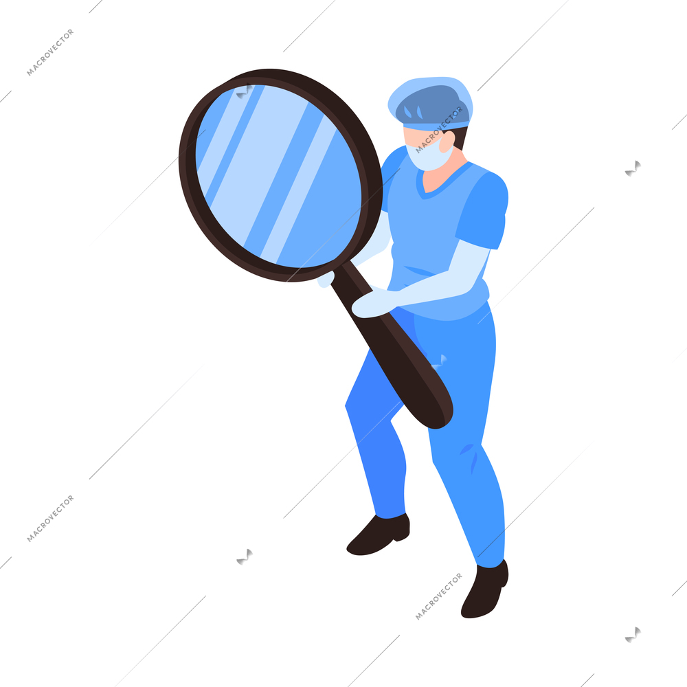 Isometric neurological neurology composition with isolated human character of medical specialist holding magnifying glass vector illustration