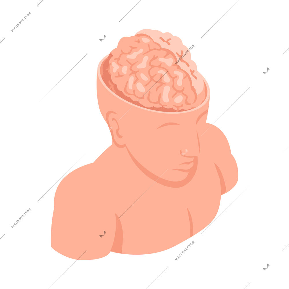 Isometric neurological neurology composition with isolated image of anatomic human body with brain in cut head vector illustration