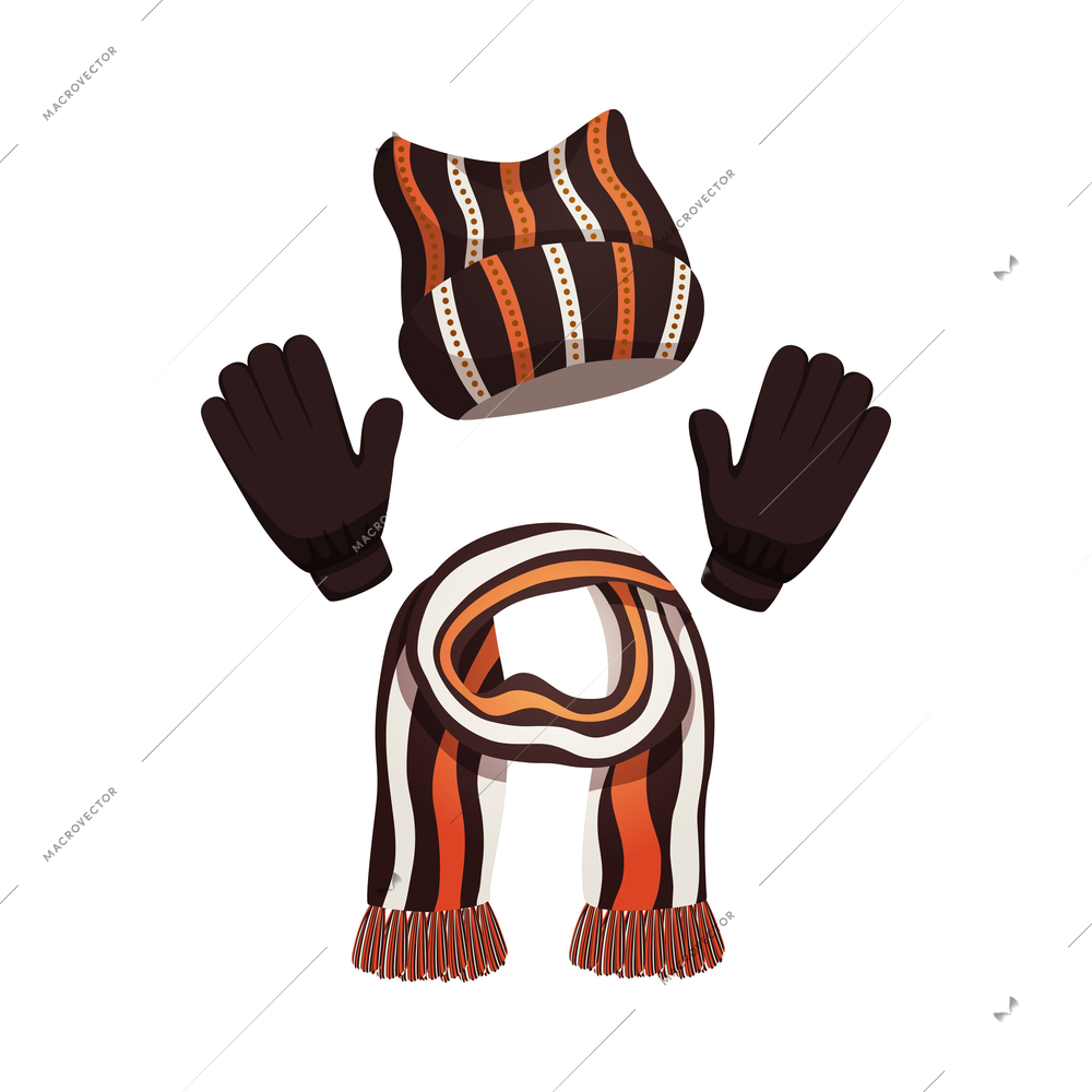 Seasonal winter scarf hats composition with images of colorful cold weather clothing with gloves on blank background vector illustration