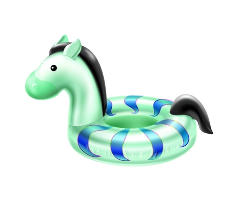 Inflatable swimming accessories realistic composition with green pony shaped inflatable rubber ring vector illustration