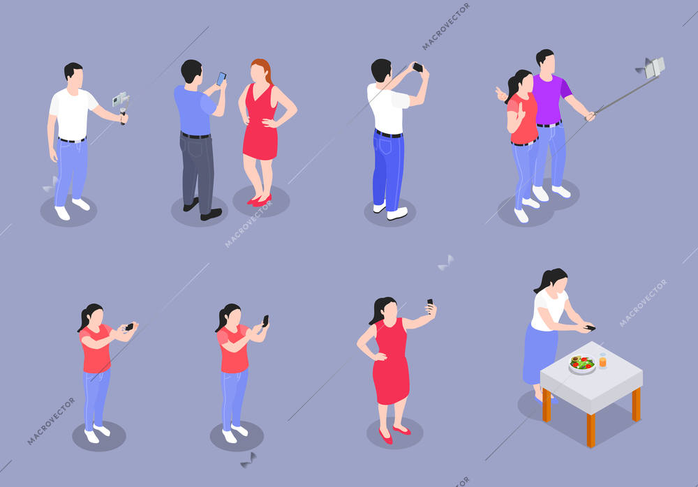 Couples and singles bloggers use mobile phones to take photos and videos set isometric Isolated vector illustration