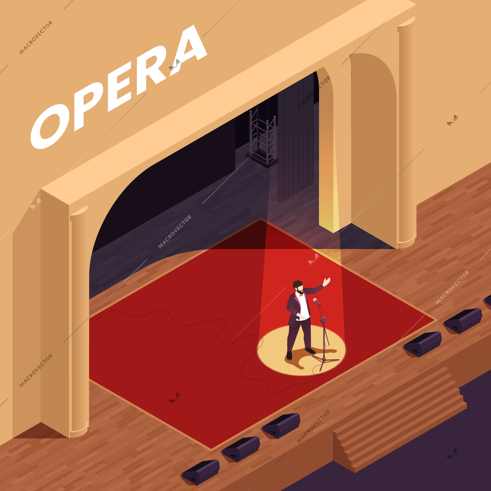 Opera theatre isometric poster with singing  performance symbols vector illustration