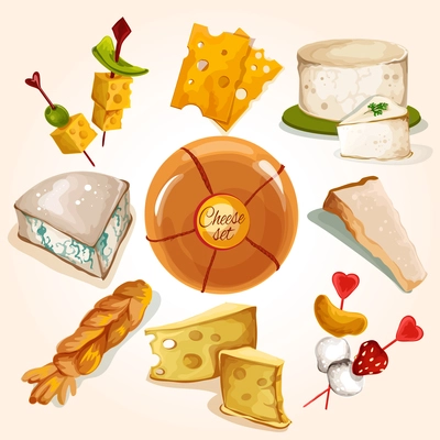 Whole cheese blocks and slices assortment food colored decorative icons set isolated vector illustration