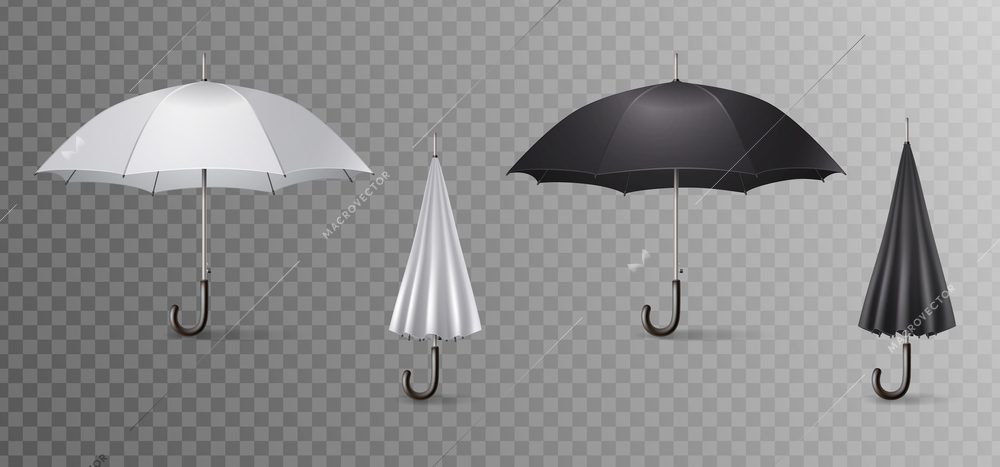 Realistic umbrella canes icon set four umbrellas open and close on transparent background vector illustration