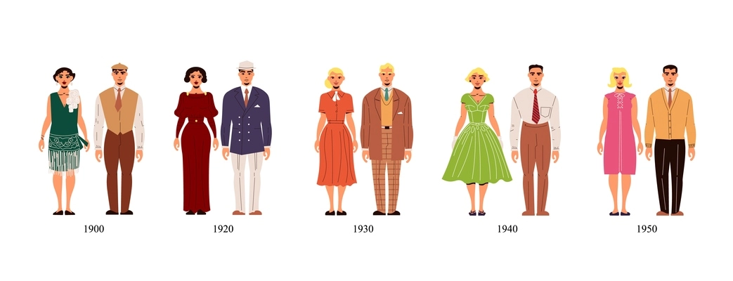 Fashion history costume male and female collection of first half of 20th century from 1900 to 1950 year isolated vector illustration