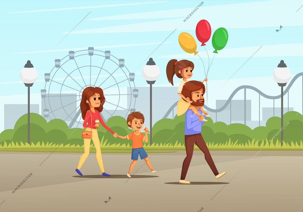 Family holidays cartoon colored composition family with children walking through an amusement park with balloons vector illustration