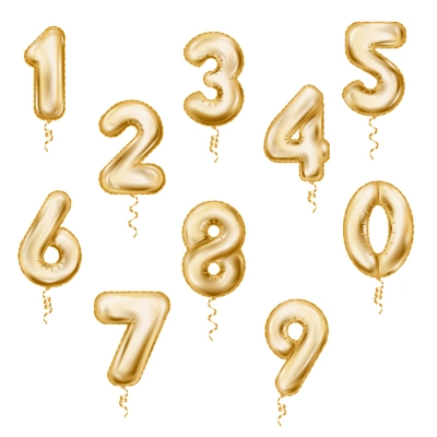 Balloon numbers realistic icon set glittery gold numbers with curly ribbons for birthday party vector illustration