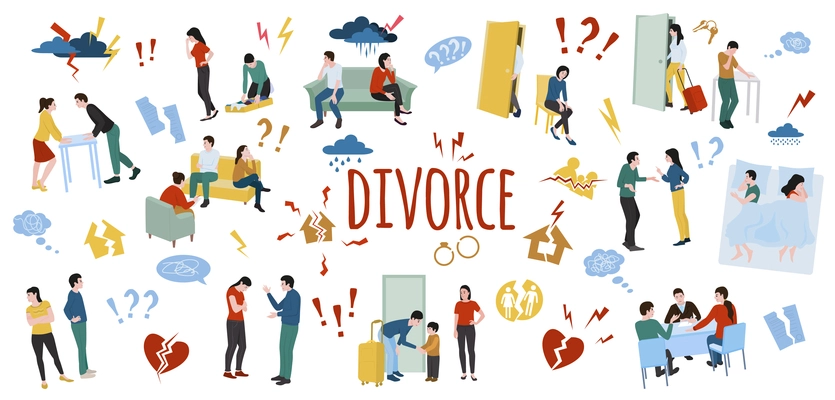 Divorce flat collection of scenes of family conflict with arguing and quarreling spouses psychologists broken heart and question mark icons vector illustration