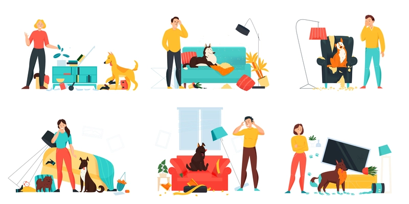 Flat problem pets set with angry upset owners and dog making mess in living room isolated vector illustration