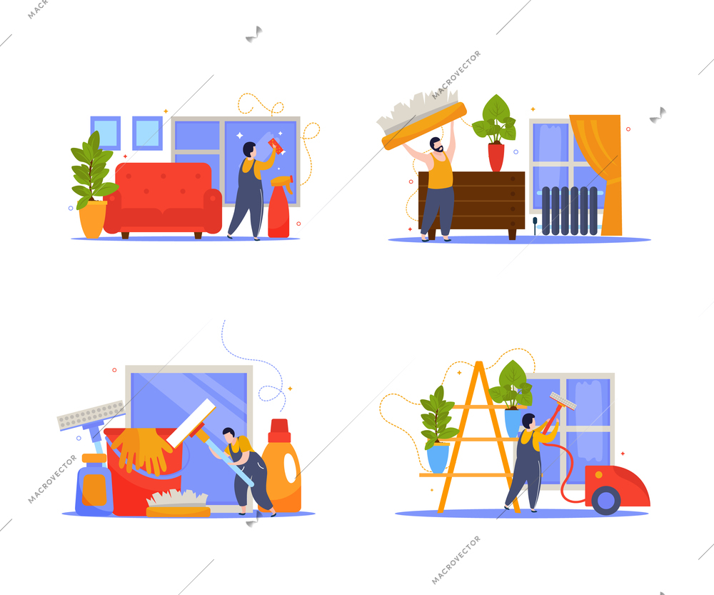 Windows cleaning set of four compositions with indoor views and flat icons of equipment for cleanup vector illustration