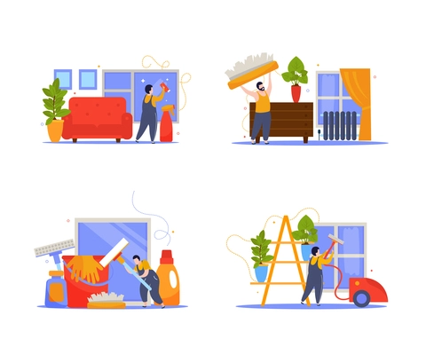 Windows cleaning set of four compositions with indoor views and flat icons of equipment for cleanup vector illustration