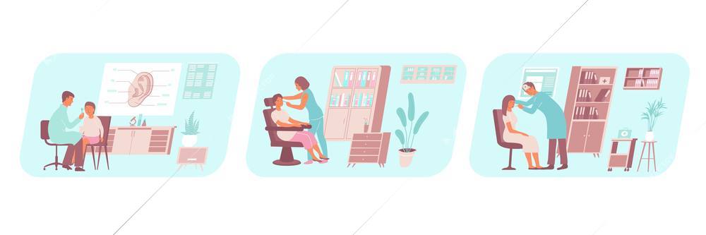 Otolaryngologist ent set of three compositions with views of hearing examination of patient at doctors office vector illustration