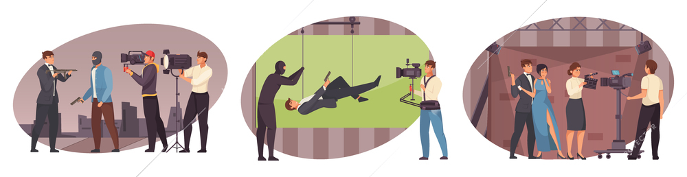 Movie production tree isolated scenes wit actors cameraman director stuntman characters flat vector illustration