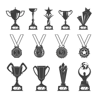 Set of cup medals reward monochrome icons with isolated images of awards honor prizes on stands vector illustration