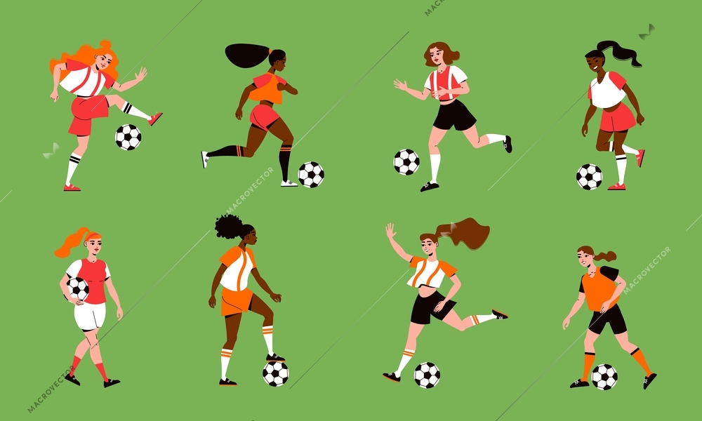 Women football set with female players in uniform exercising with balls isolated on green background flat vector illustration