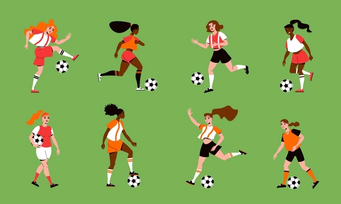 Women football set with female players in uniform exercising with balls isolated on green background flat vector illustration