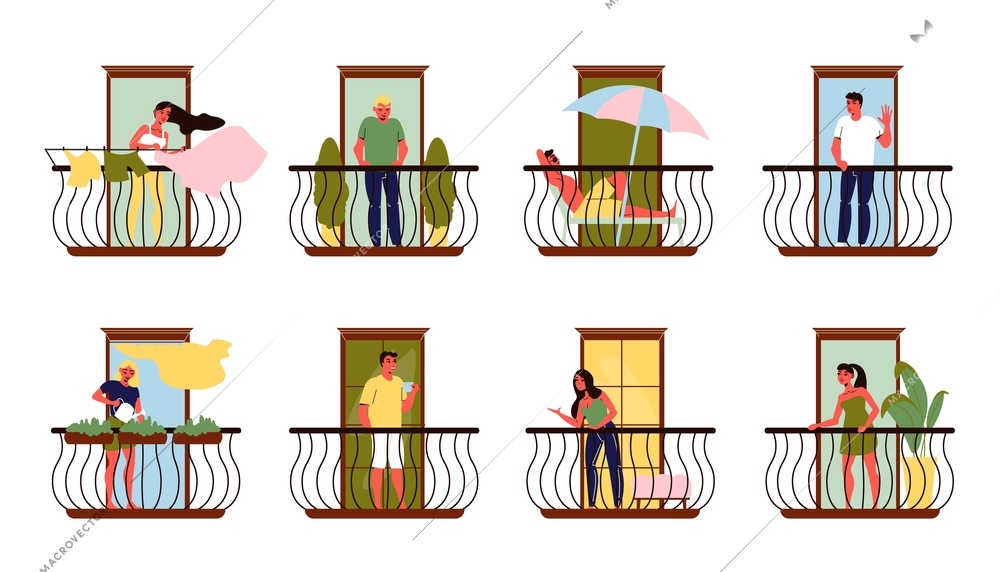 Neighbours on their balconies talking relaxing watering plants hanging out laundry flat set isolated vector illustration