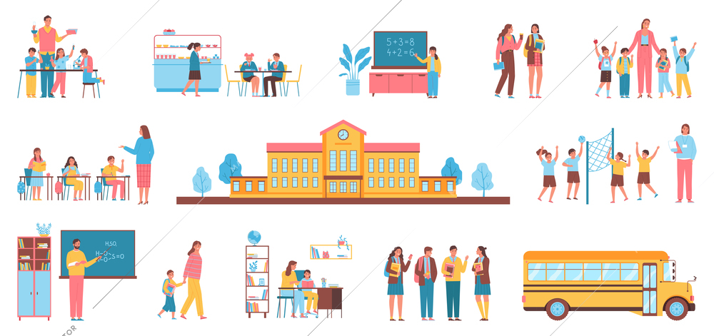 Set of compositions on school thematic including schoolyard school bus and meetings of teacher and pupils vector illustration